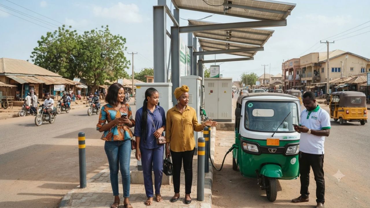 Modern electric commercial tricycles parked at solar-powered charging hub in Bauchi State Nigeria
