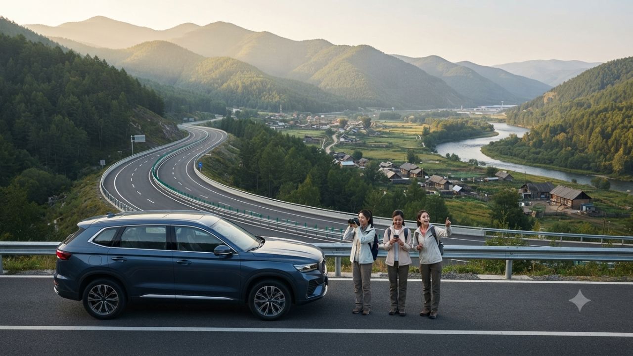 Scenic G331 National Highway winding along Changbai Mountains and border river in Jilin China