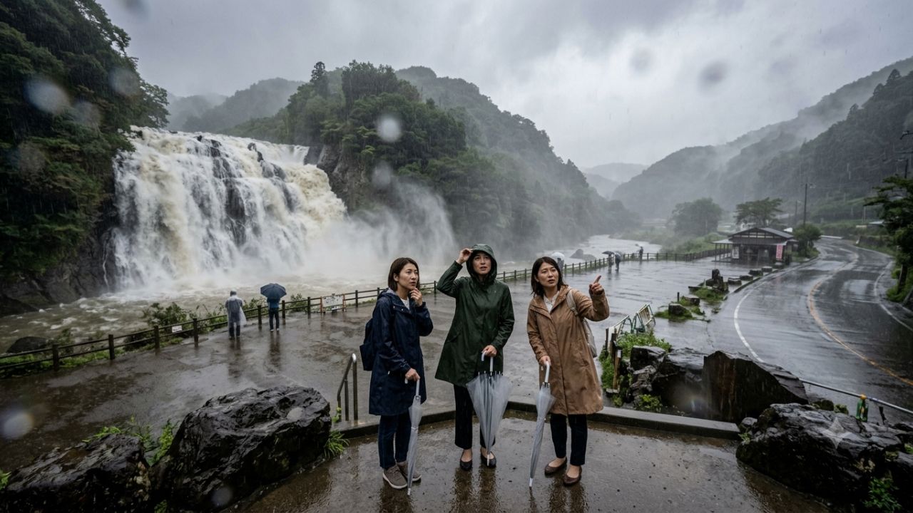 Passenger train navigating heavy rain conditions along scenic railway corridor in Japan