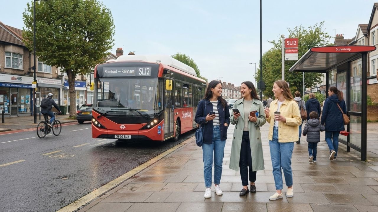 Modern red zero-emission double-decker electric bus on an orbital London route with Superloop branding