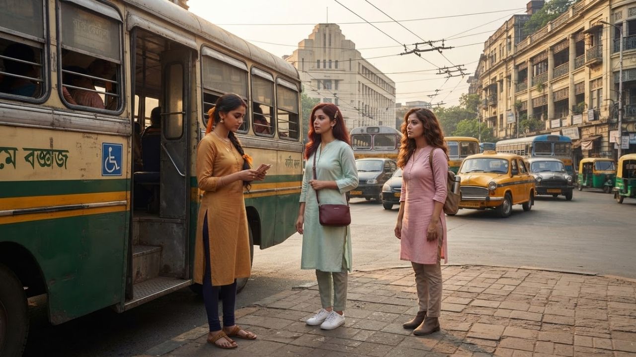 Private stage carriage bus operating on Kolkata street during Durga Puja