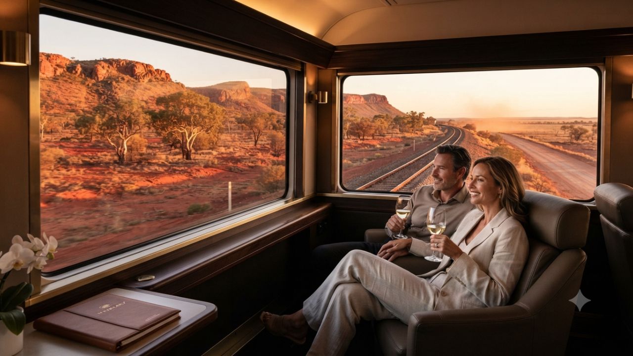 The Ghan luxury train traveling through Australia's red center desert terrain