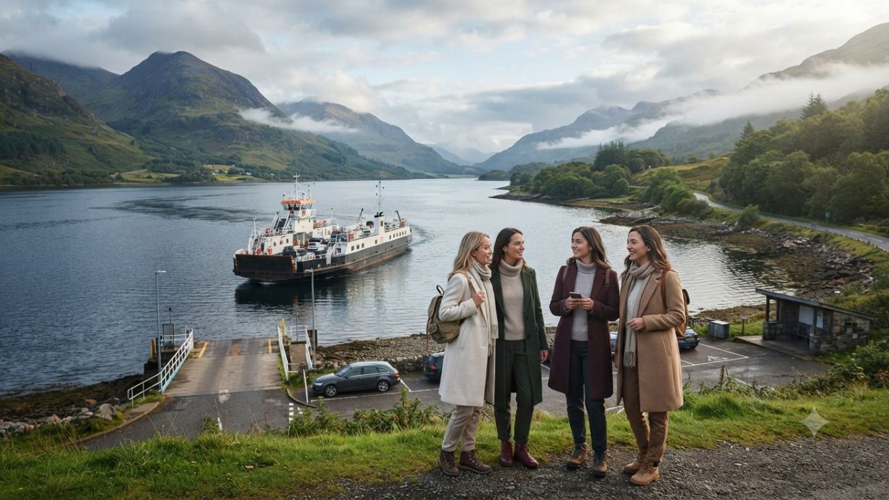 Scenic view of passenger and vehicle ferry crossing the Corran Narrows at Loch Linnhe in the Scottish Highlands