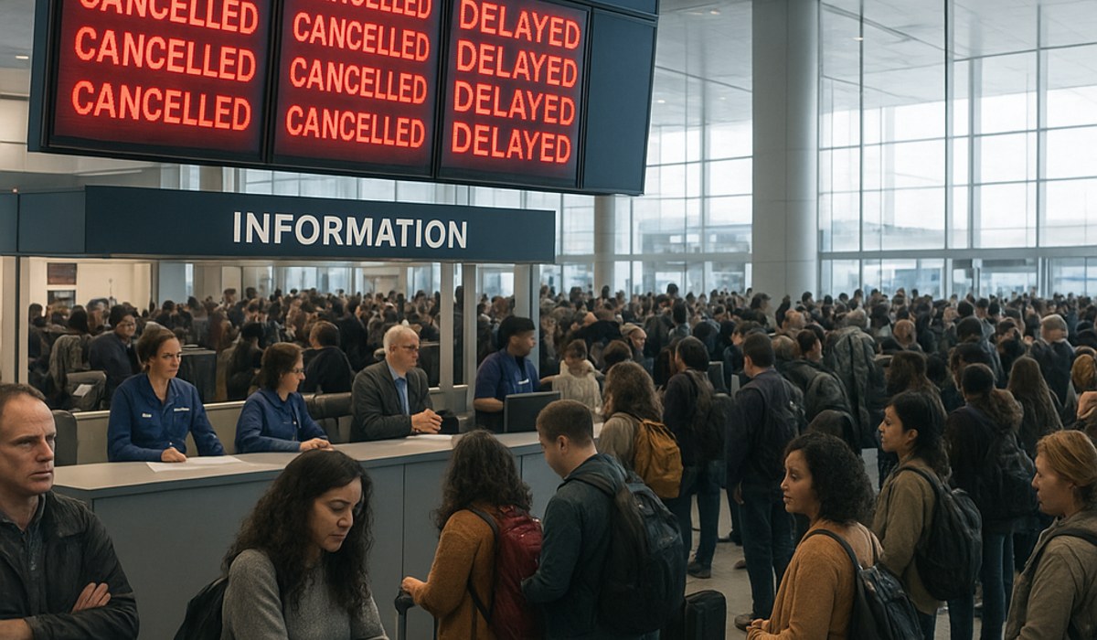 LaGuardia Airport terminal filled with stranded passengers, departure boards showing numerous flight cancellations and delays in red