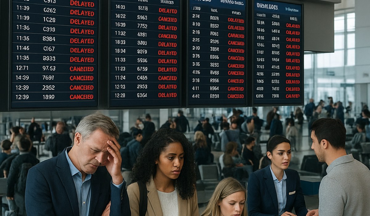 Norfolk International Airport terminal with departure boards showing flight delays and cancellations, frustrated travelers at service desk seeking rebooking options