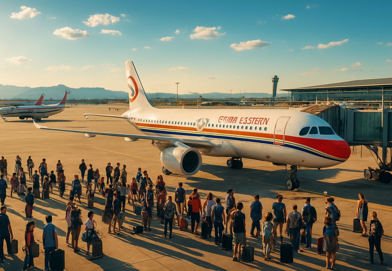 Crowded airport terminal with delayed flight information boards displaying cancellations across Asian hubs