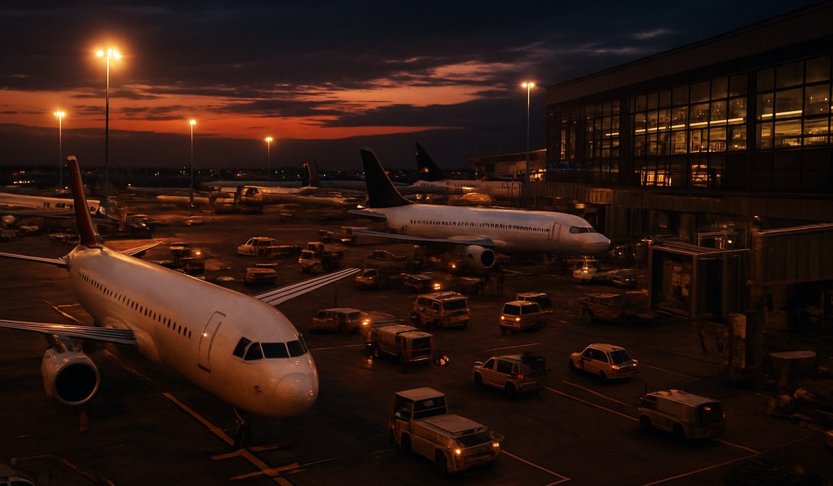 Denver International Airport tarmac with delayed aircraft, April 2026