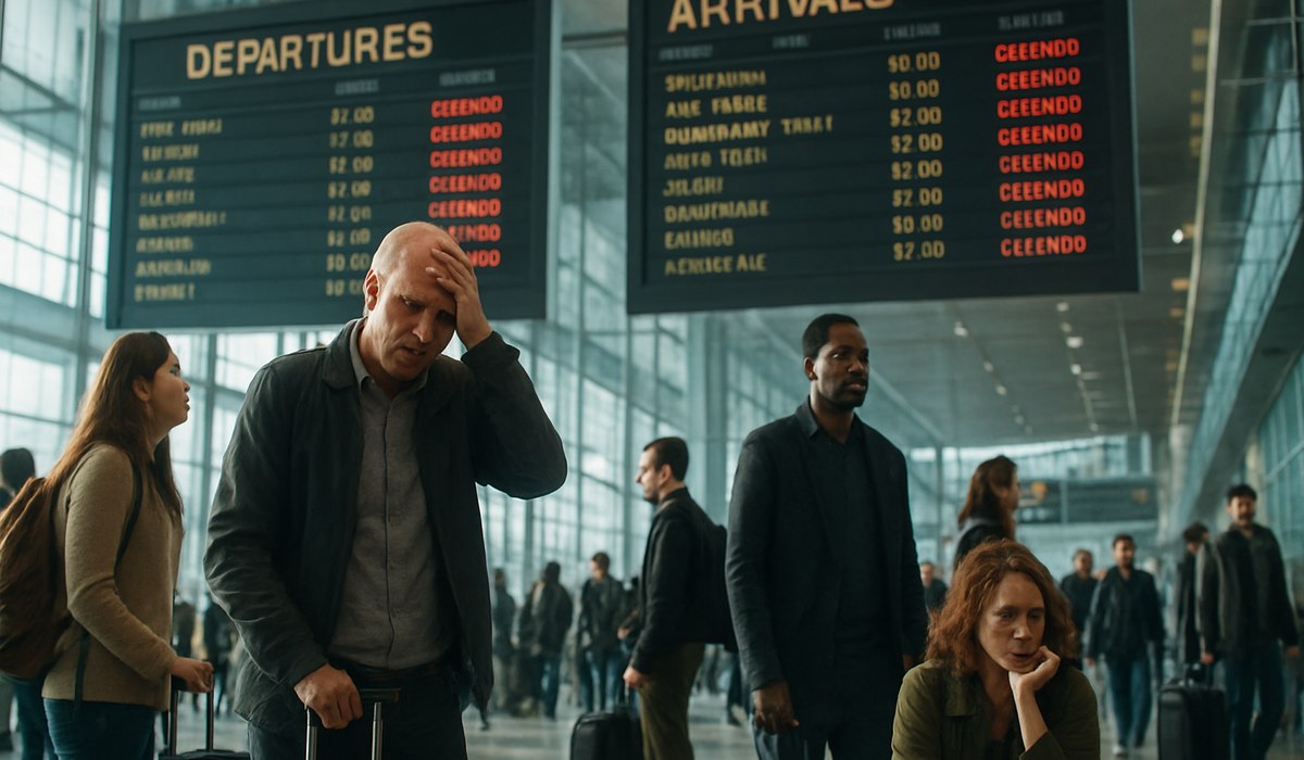 Departure board showing flight delays at King Khalid International Airport in Riyadh, Saudi Arabia, 2026