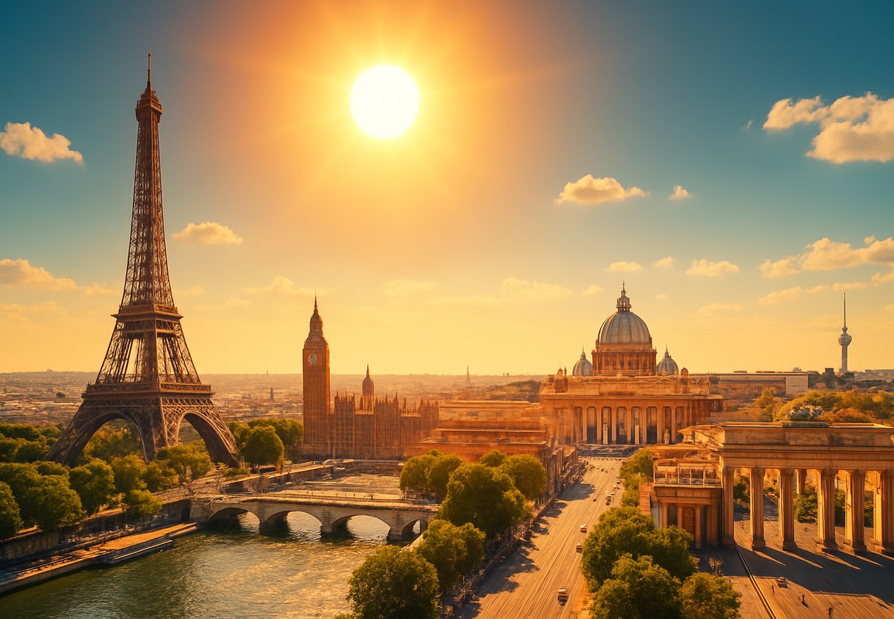 European cities under extreme heat stress during 2026 El Niño-driven heatwave, showing urban heat island effect in Paris, London, Rome, and Berlin