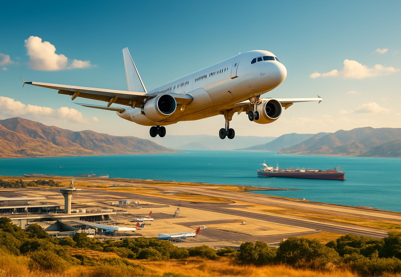 Aerial view of congested European airport terminal with aircraft lined up on tarmac during fuel shortage crisis
