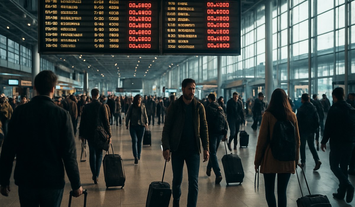 Crowded airport terminal at Tokyo Haneda during flight chaos disruptions, April 2026