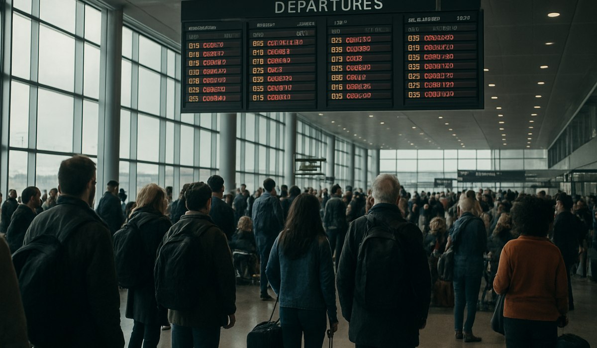 Departures and arrivals board showing cancellations and delays at major US airport hub during April 2026 disruption