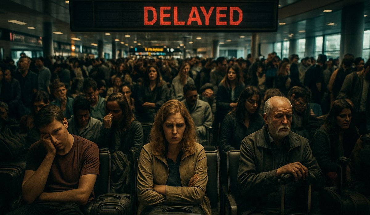 Passengers waiting at Hamburg Airport terminal during flight delays, April 2026