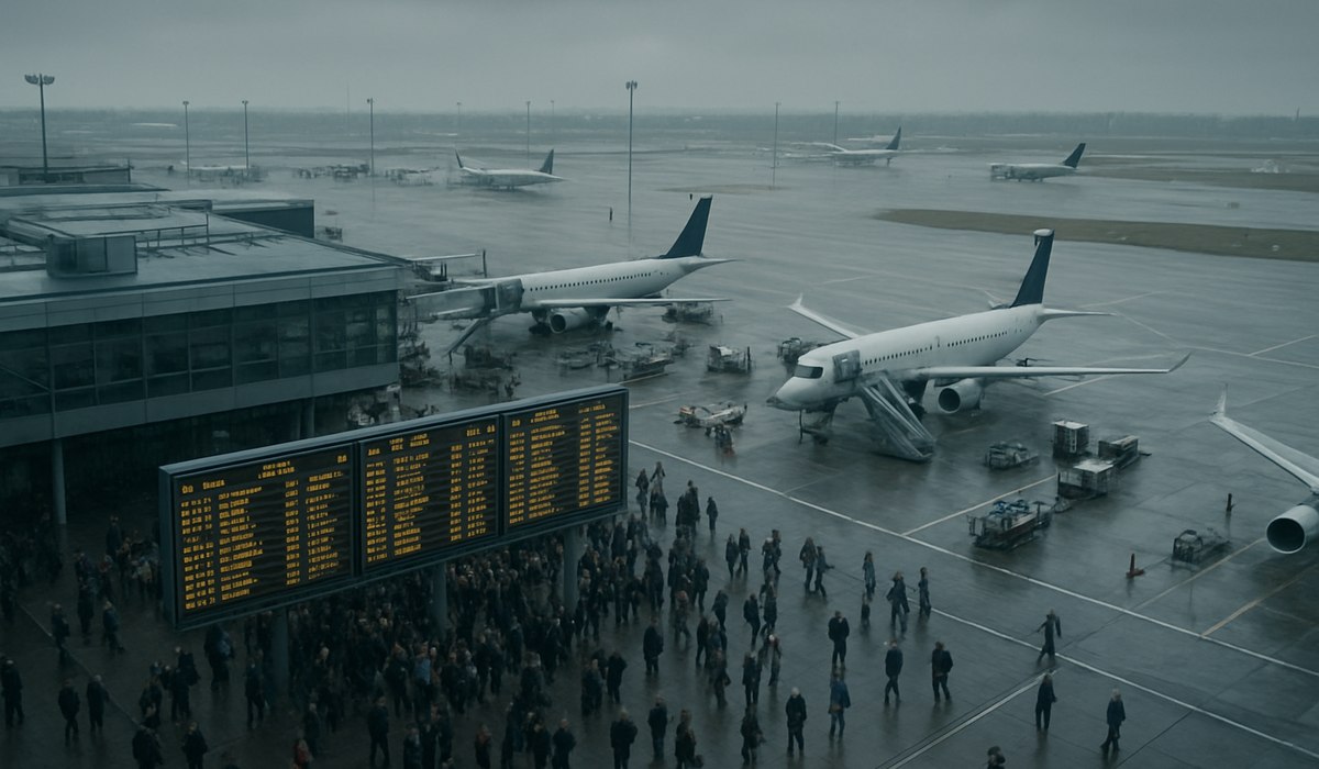 Departure board at London Heathrow showing multiple flight delays in April 2026
