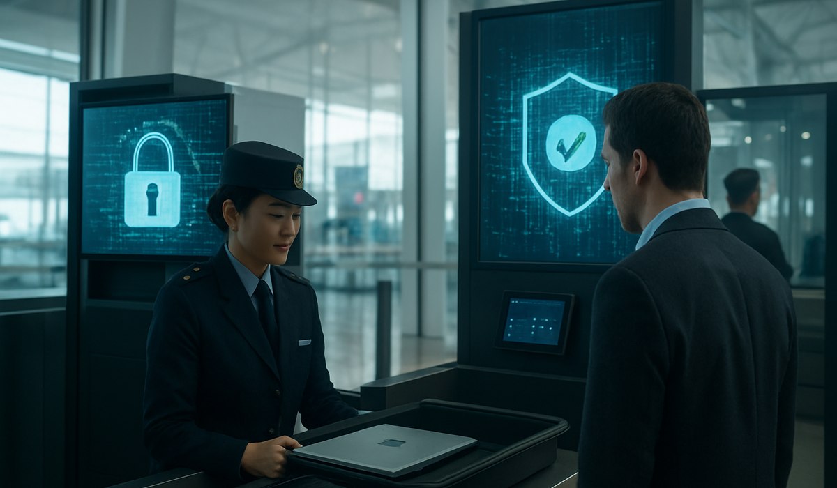 Hong Kong international airport with digital security scanning visualization