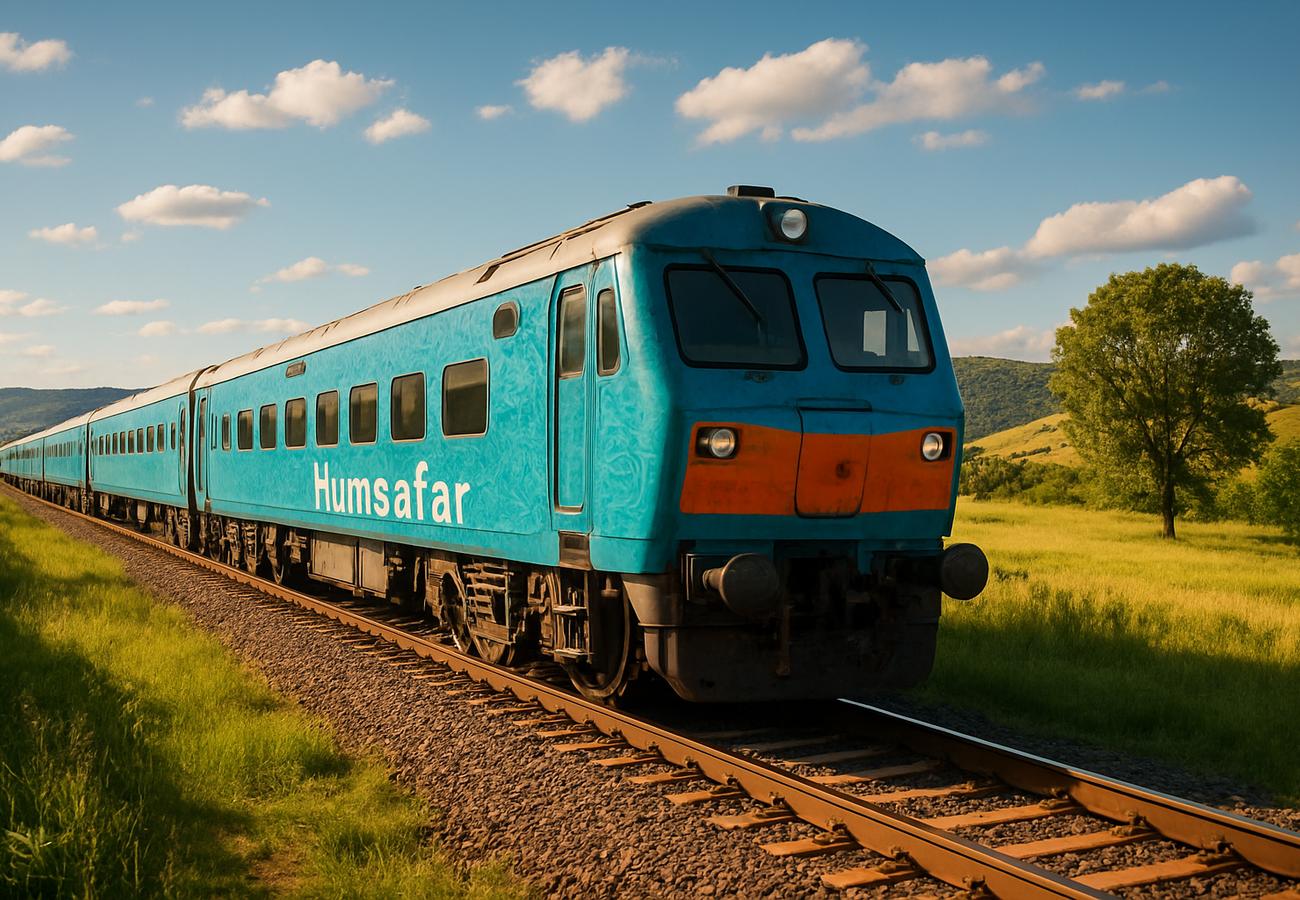 Humsafar Express train on railway tracks with maintenance signage visible
