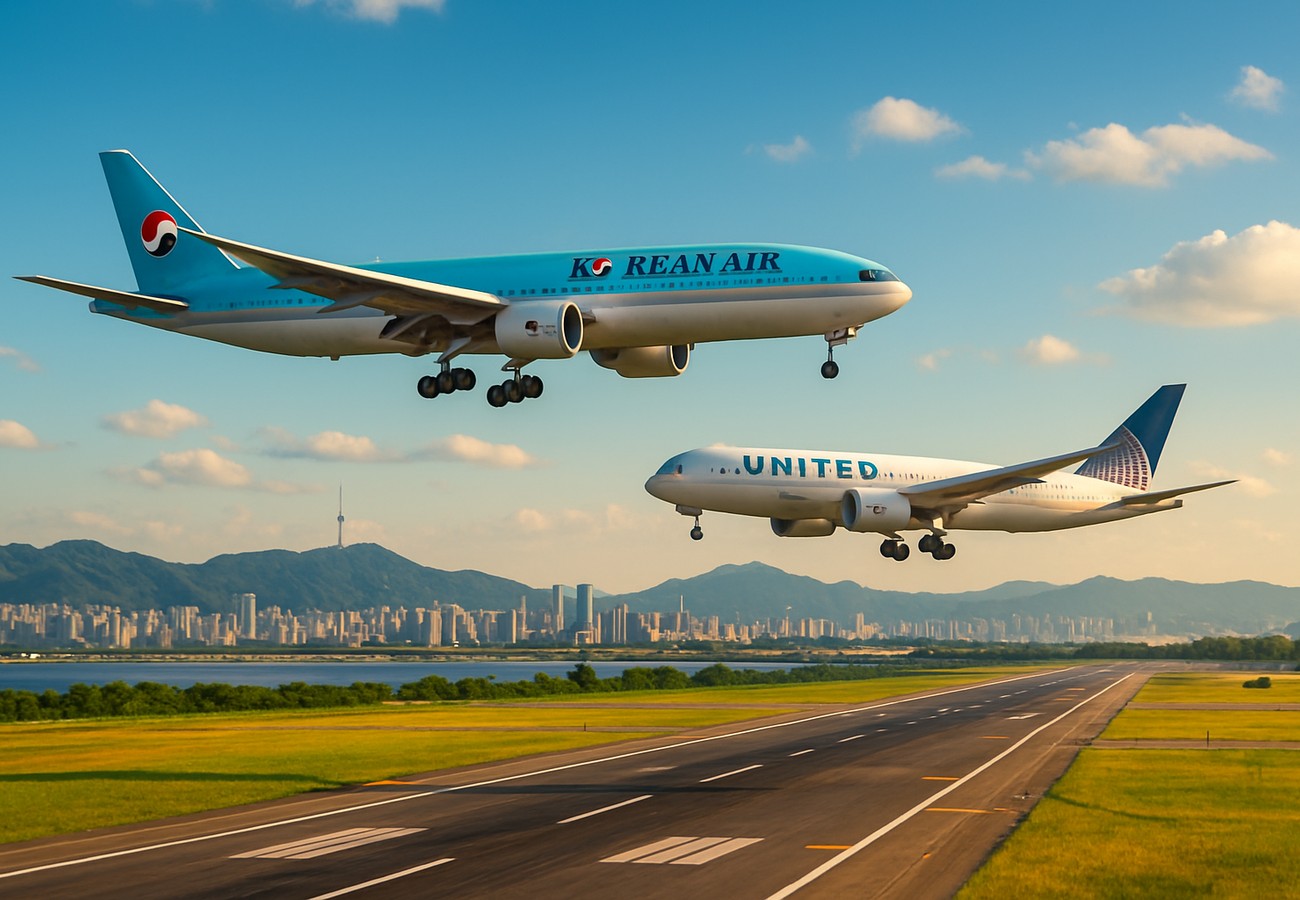 Airport departure board showing flight information with Korean Air and United Airlines logos