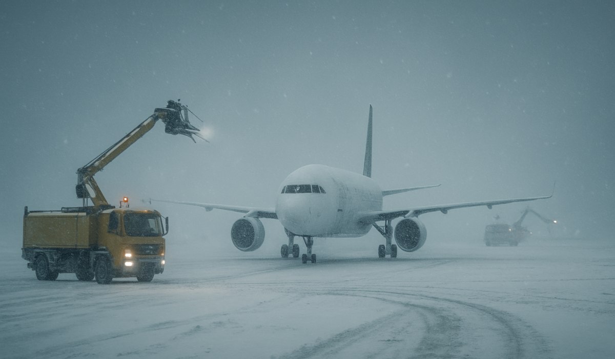 Snow-covered runway at Toronto Pearson Airport during late-season storm April 2026