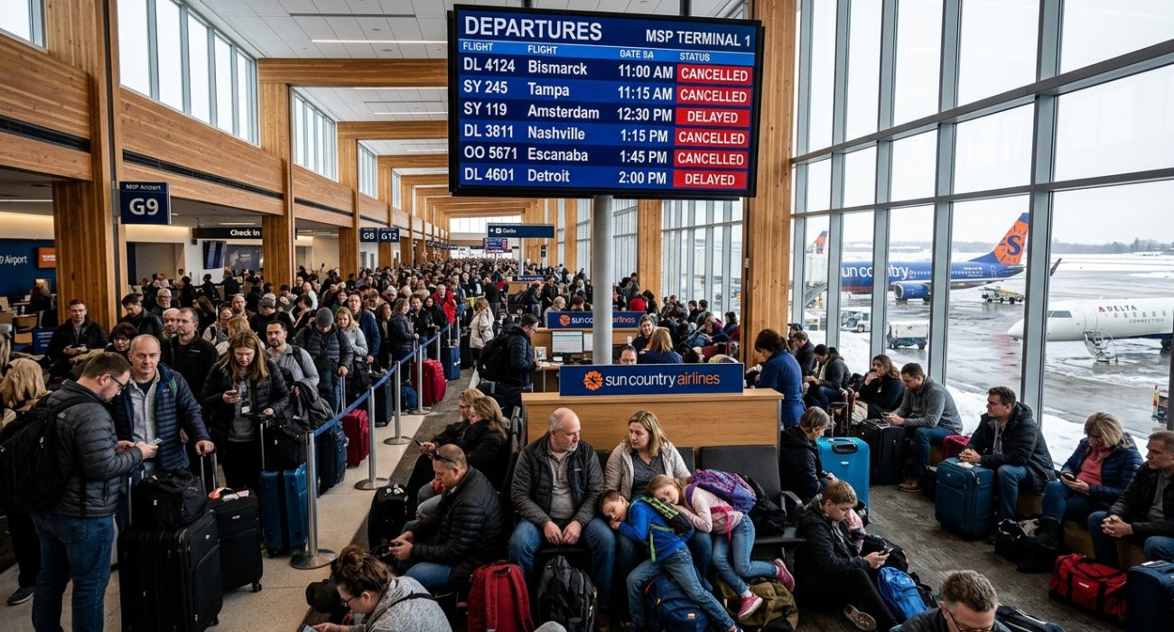 Travellers Impacted at Minneapolis–Saint Paul International Airport as Sun Country Airlines and SkyWest Suspend 4 Flights with Multiple Delays, Disrupting Major Routes to Escanaba, Tampa, Amsterdam, Bismarck, Nashville and More