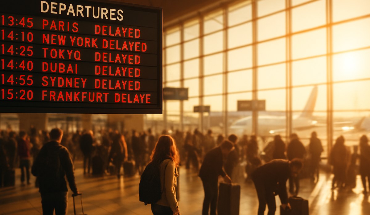 Phoenix Sky Harbor departure boards showing multiple delayed flights on April 11, 2026