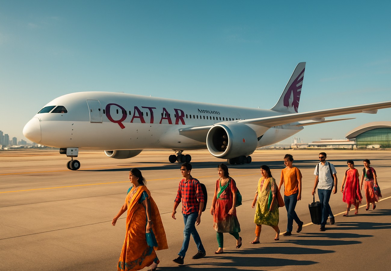 Qatar Airways aircraft on tarmac in Doha during emergency repatriation operation