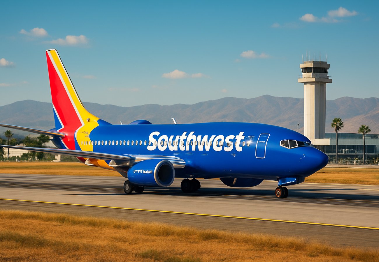 Southwest Airlines aircraft on tarmac at Ontario International Airport after emergency diversion from Albuquerque-Burbank route