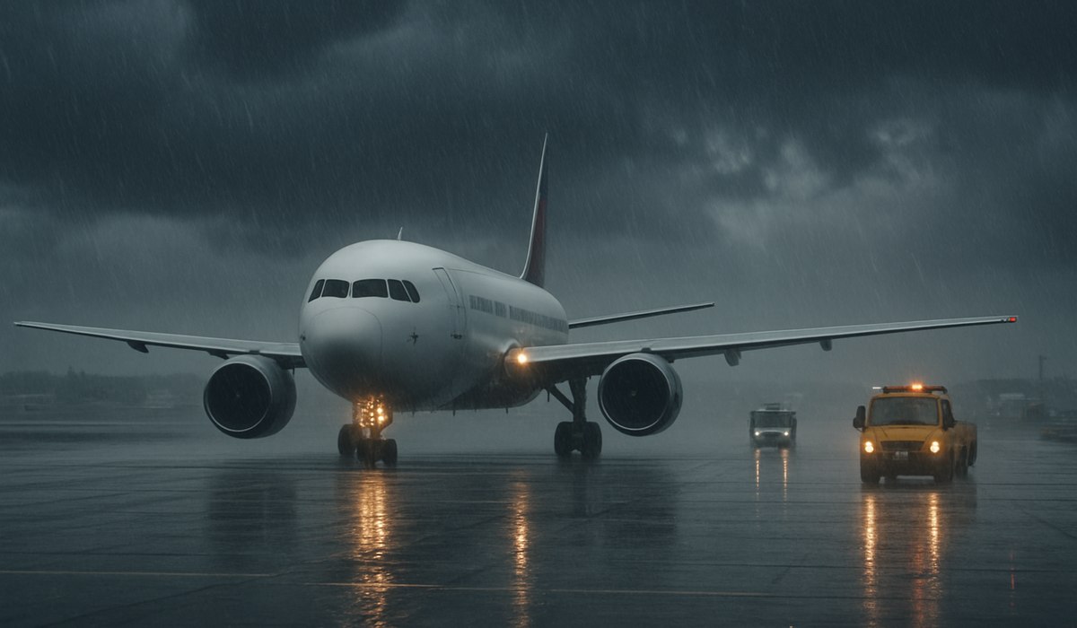 Toronto Pearson International Airport runway during spring storm conditions, April 2026