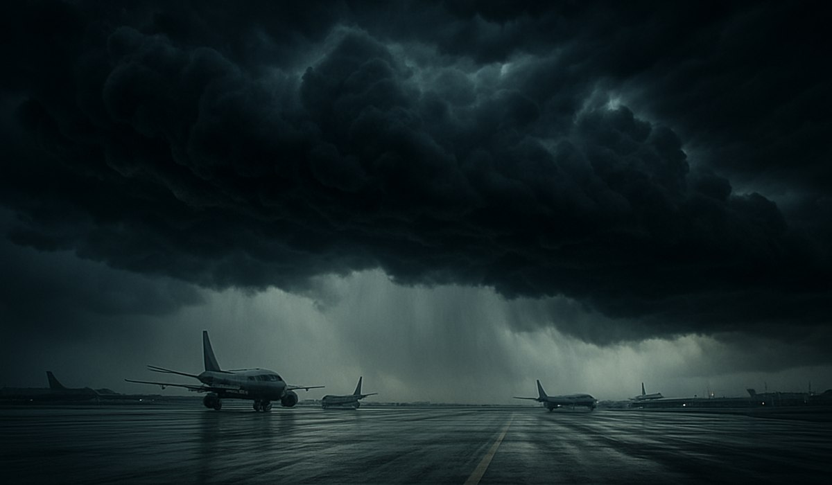 Detroit Metropolitan Wayne County Airport departure board showing delayed and cancelled flights during April 2026 storm, with orange and red status indicators