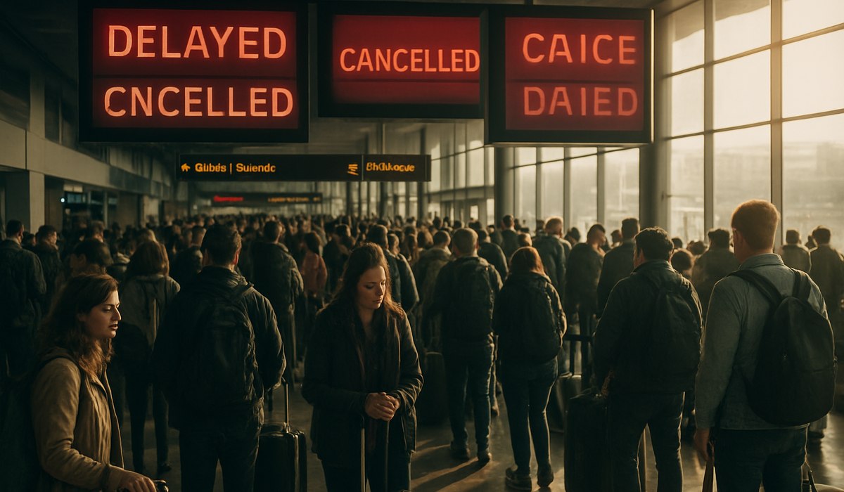 Crowded airport terminal during system shock flight disruptions across 27 US airports, April 2026