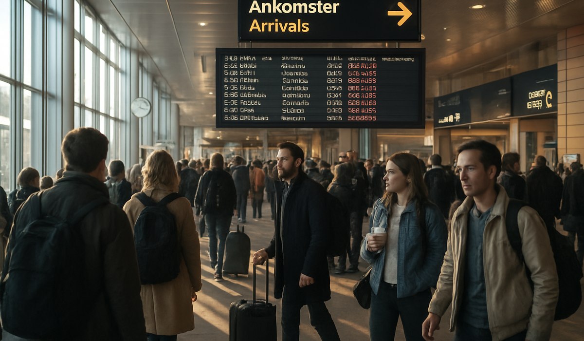 Oslo Gardermoen Airport terminal during flight delays, April 2026