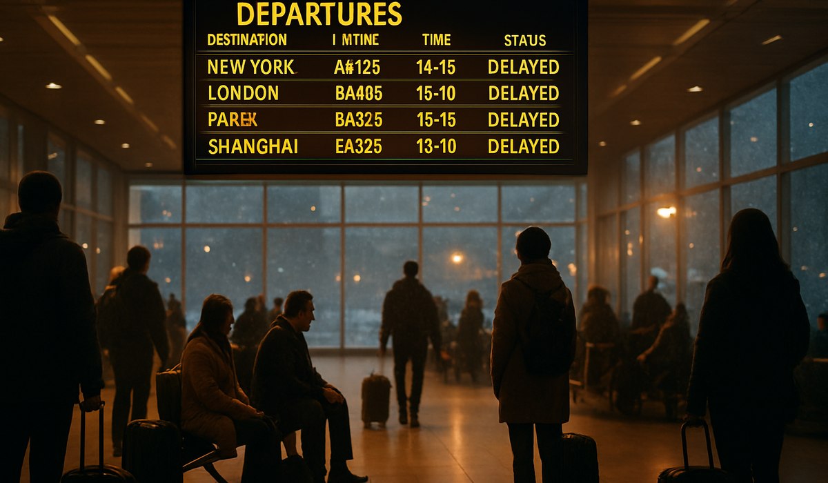 Delayed and cancelled flights display board at Québec City Jean Lesage International Airport during April 2026 winter weather event