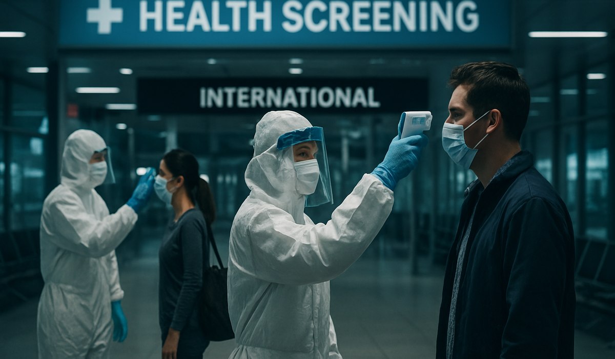 International airport health screening checkpoint during Ebola alert, 2026