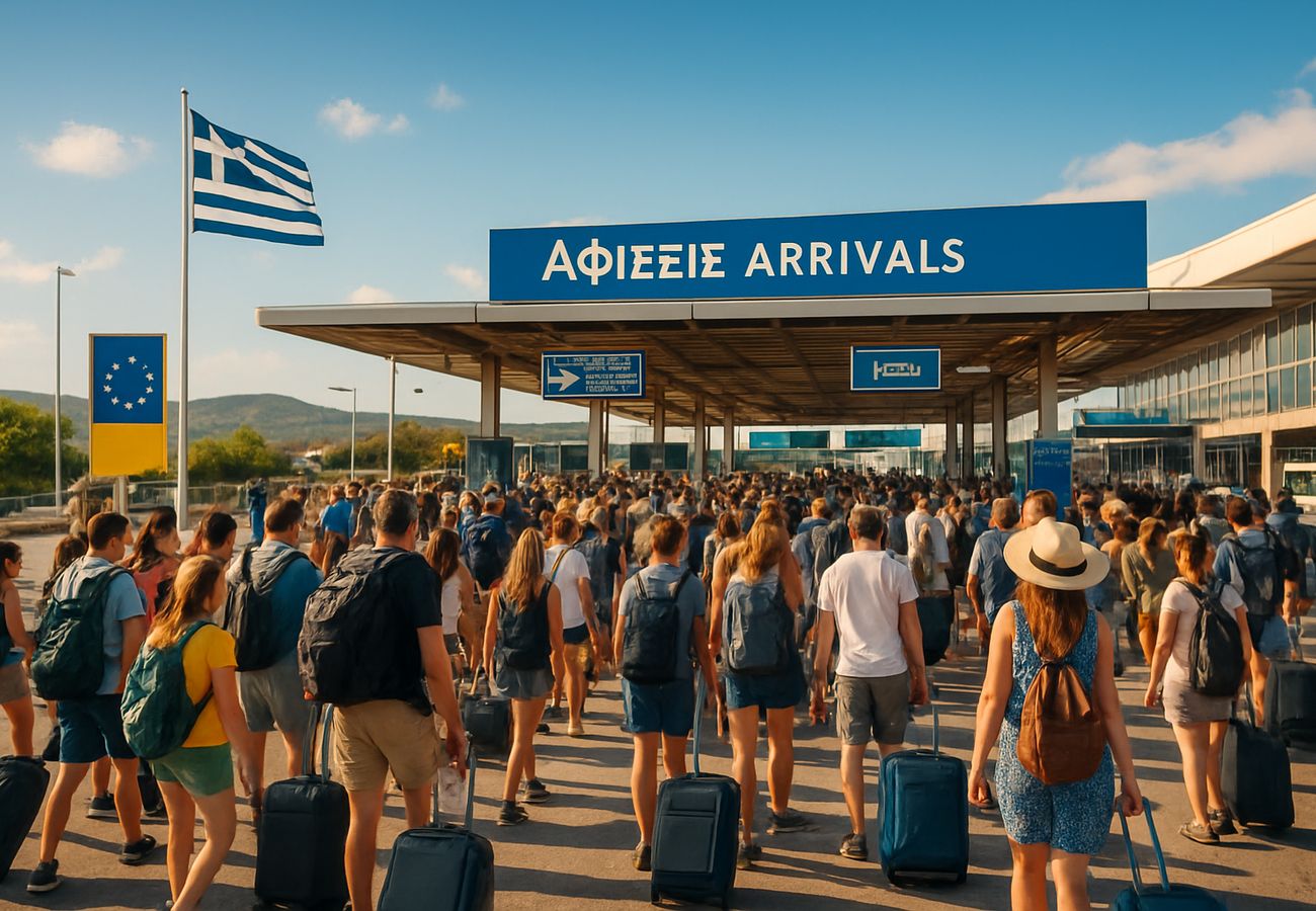 Air travelers waiting in long queues at European airport terminal with digital flight information displays