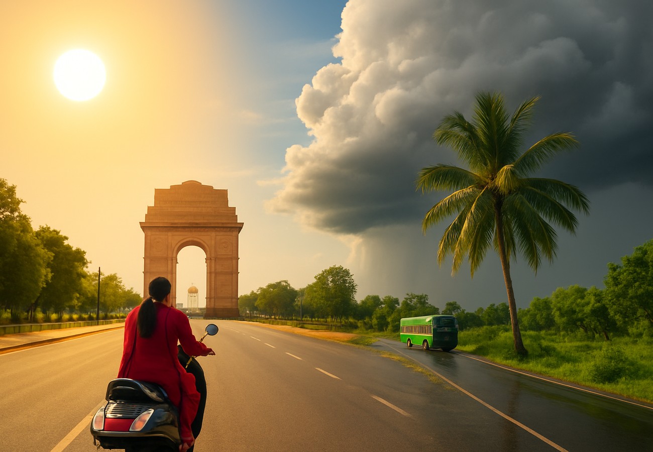 A high-end cinematic wide-angle split-screen shot: one side showing a shimmering heatwave over a congested Delhi road near the India Gate, and the other side showing a torrential thunderstorm over a flooded Bengaluru street with heavy traffic, with a digital overlay showing 'India: Dual Weather Alert 2026' and 'Transport Resilience', with icons representing the Indian flag and global energy stability symbols