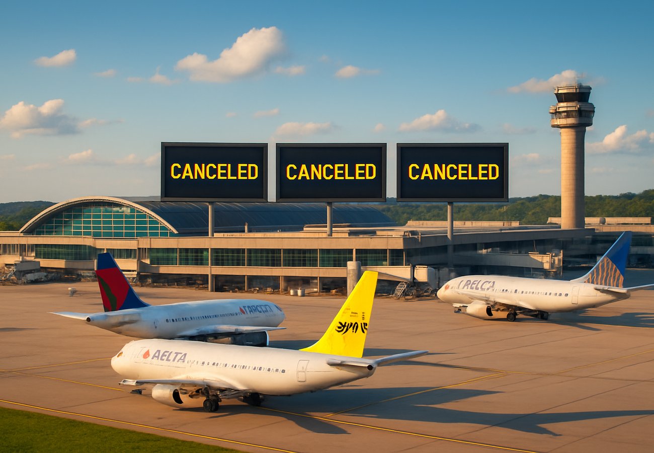 A high-end cinematic wide-angle shot of the Pittsburgh International Airport terminal with a digital overlay showing 'Pittsburgh Aviation Crisis 2026' and 'Sovereign Logistics', with icons representing the US flag and global energy stability symbols