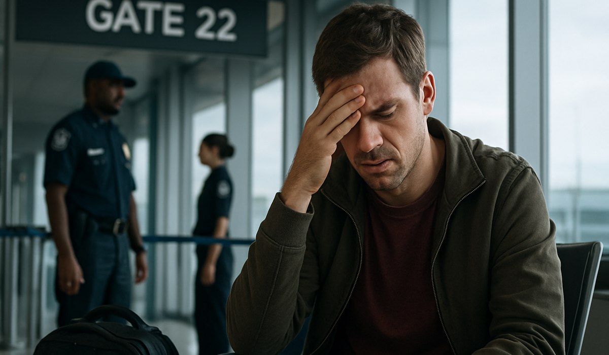 Airline passenger checking mobile phone at airport gate, 2026