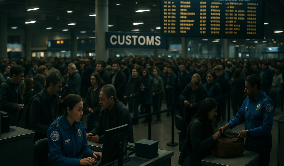 Newark Airport international terminal with customs checkpoint signage, May 2026