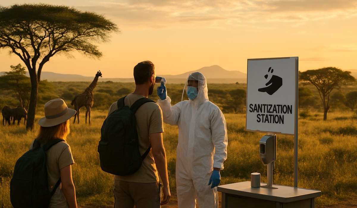 Uganda national park entrance with thermal screening checkpoint, May 2026
