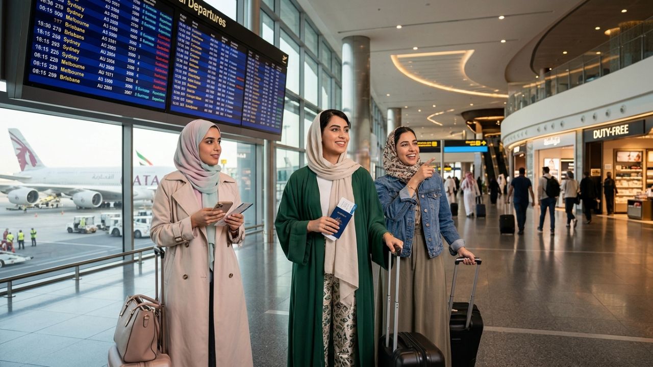 A busy international passenger terminal at a modern airport in the Middle East, showing information boards and aircraft parked at gates under a warm twilight sky.