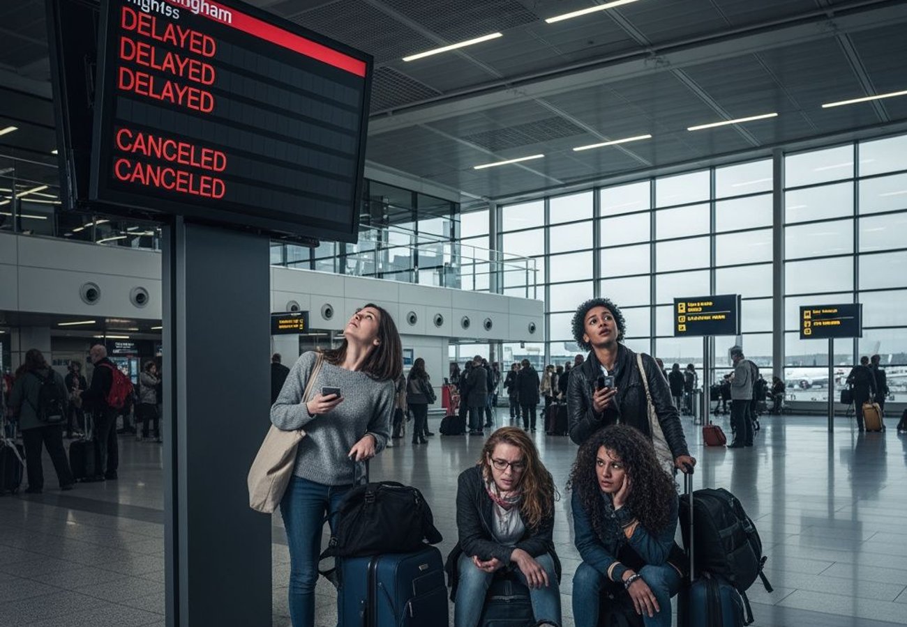 Birmingham Airport terminal during peak passenger hours showing increased throughput and bustling check-in counters