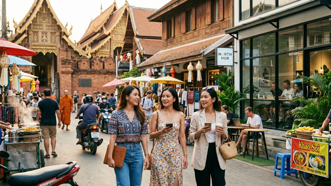 A scenic street view of Chiang Mai, showing temples and cafes, representing the city's blend of cultural tourism and modern remote work hubs.
