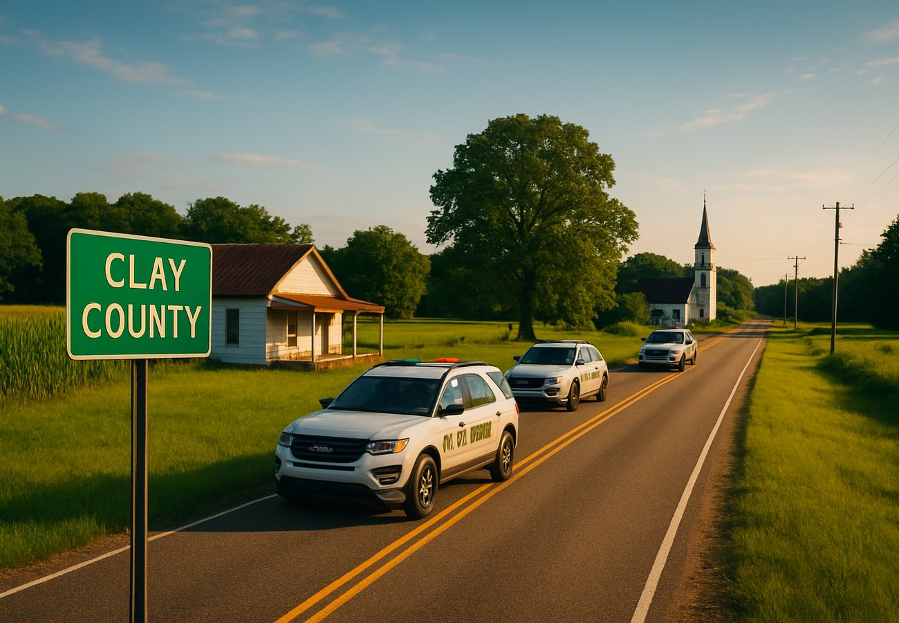 Police vehicles with flashing lights on a rural road in Clay County Mississippi after six people died in a shooting incident