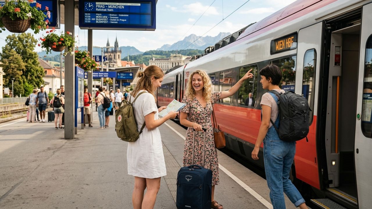 A sleek blue and white Czech Railways train runs along a scenic track past green valleys and distant mountains under a summer sky.