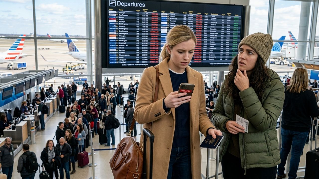 Dallas-Fort Worth International Airport terminal showing flight information screens with delayed status listings during flight disruptions.