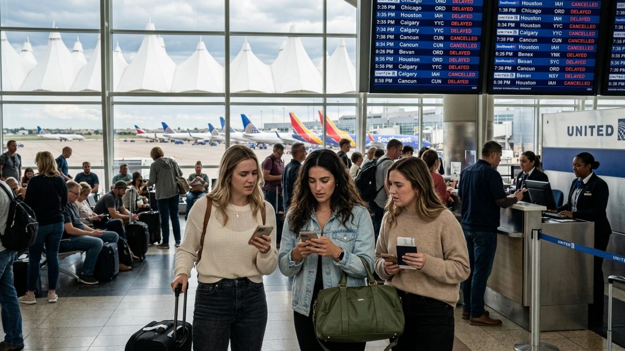 A wide-angle travel photograph of Denver International Airport check-in terminal with Southwest and United flight monitors displaying delays and cancellations