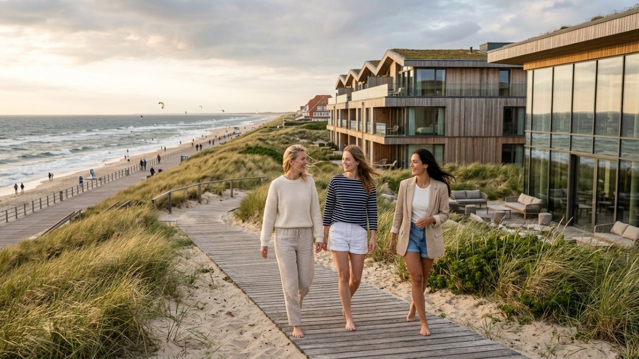 A wide-angle modern exterior view of the newly renovated Hapimag Resort Westerland Aalborg with dunes and coastal grass on Sylt island.