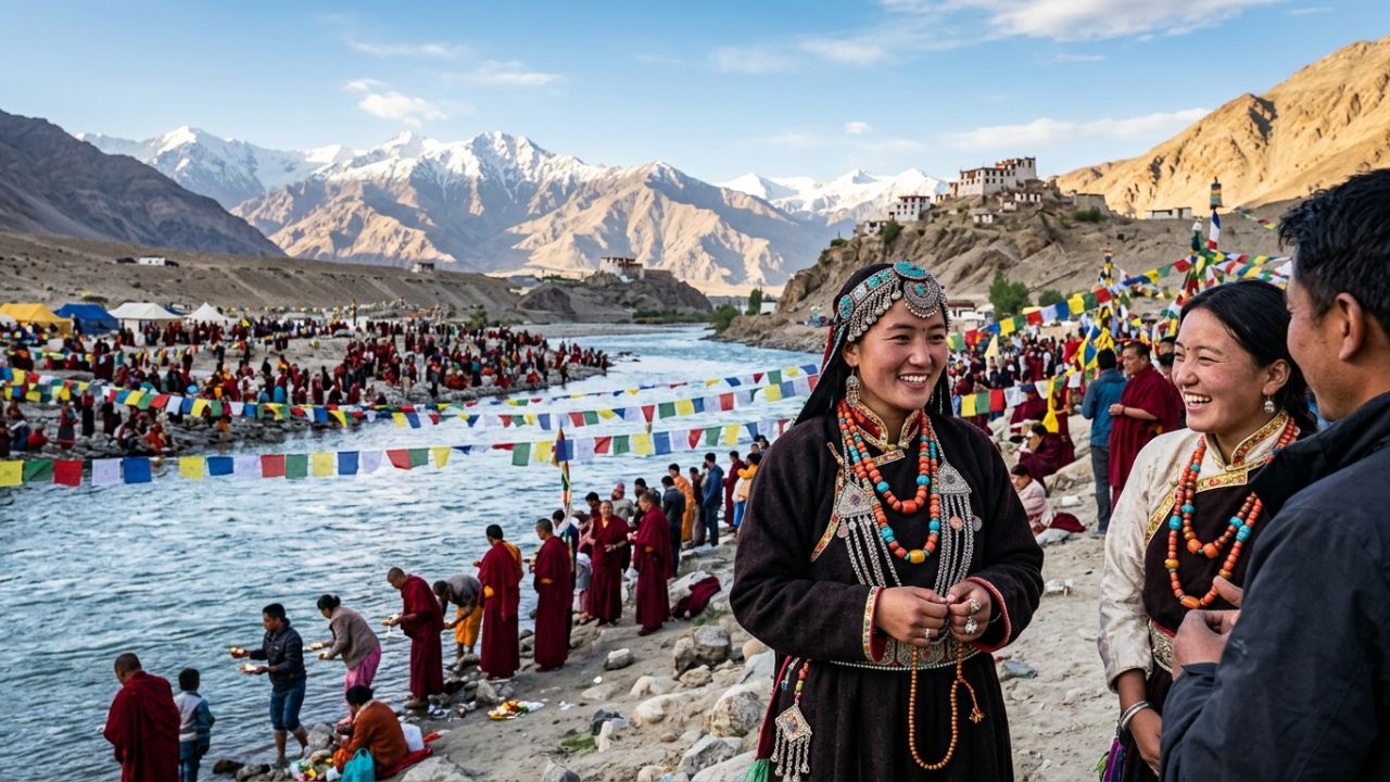 A majestic view of the Sindhu River in Ladakh with snow-capped Himalayan peaks, colorful prayer flags, and pilgrims gathering during the festival.