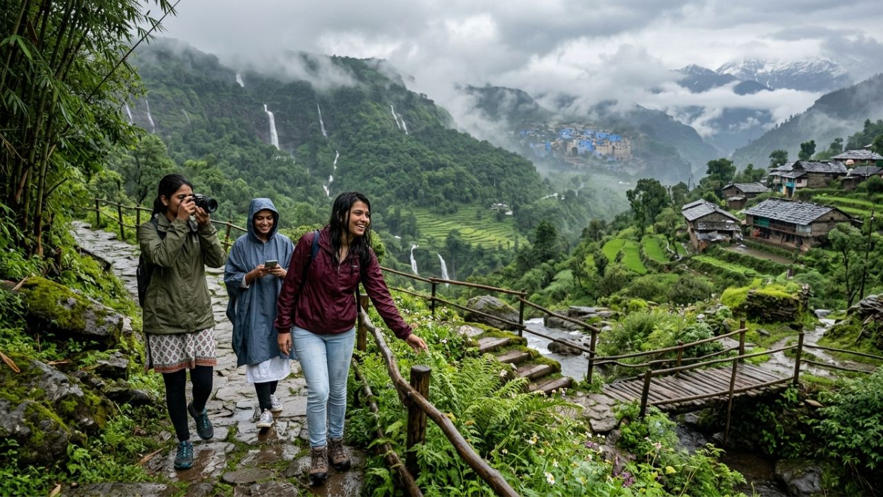 A scenic monsoon landscape in India with rain-soaked green slopes and mist, illustrating the shift in Indian Monsoon Tourism.