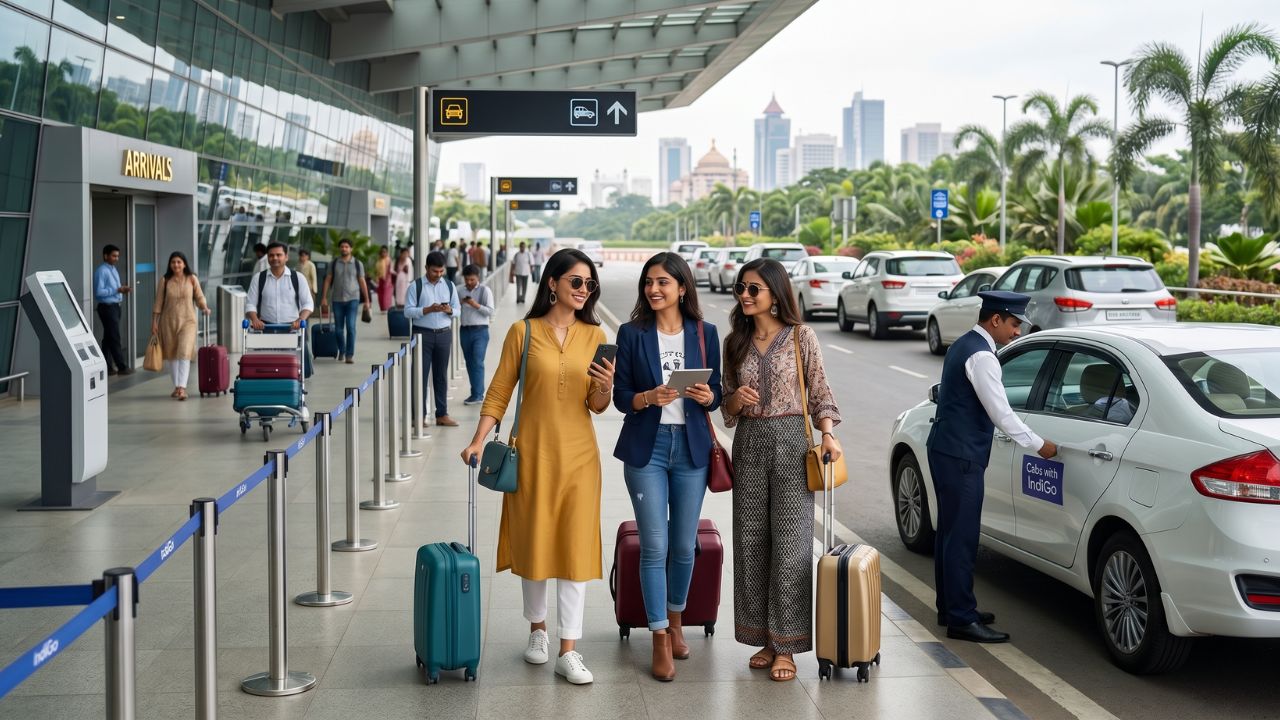 A traveler walking out of a modern Indian airport terminal toward a line of registered taxicabs.