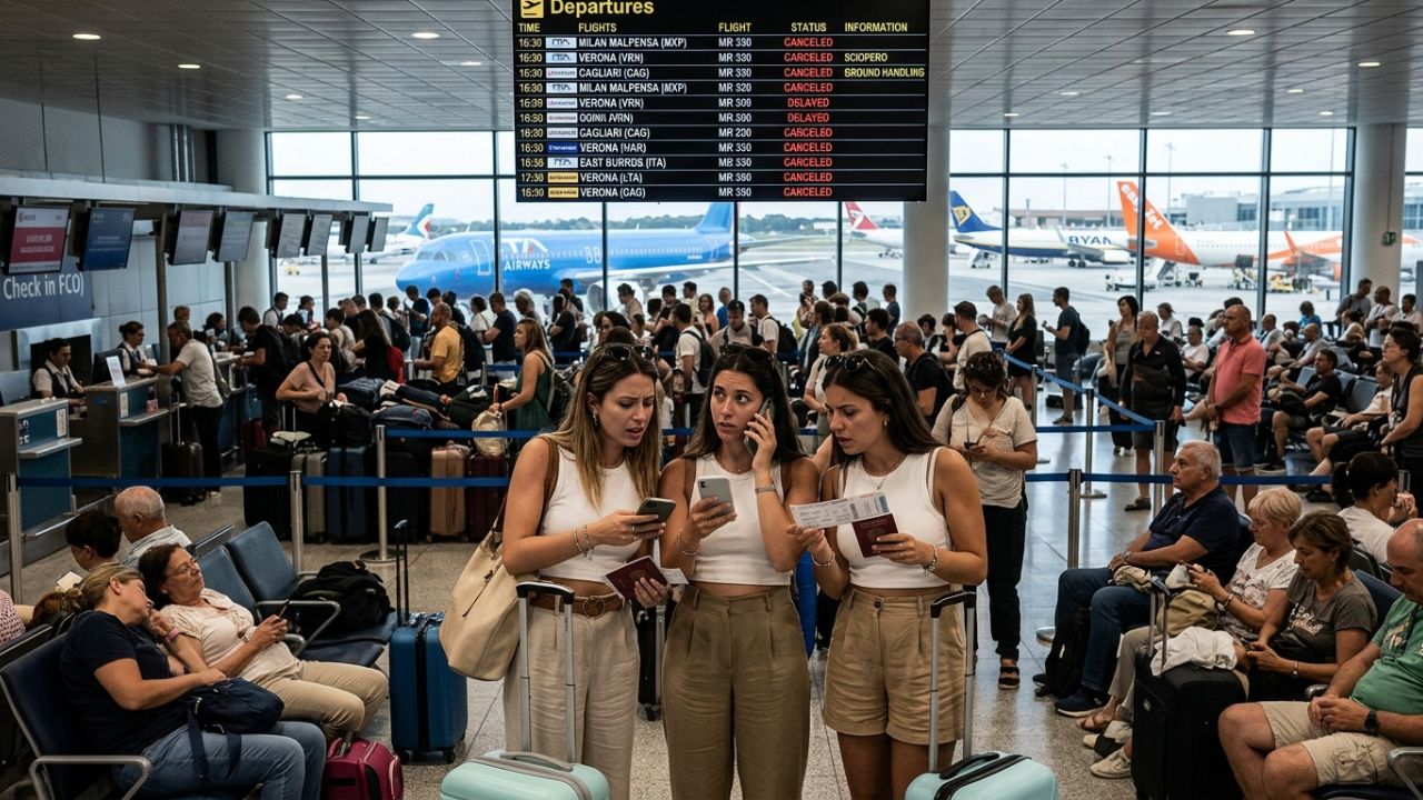 A busy terminal at Rome airport during the June 2026 ground handling strike with passengers waiting near check-in counters
